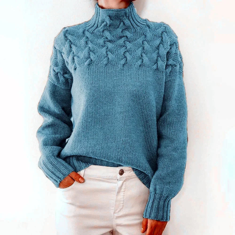 Mock Neck Braided Cable Yoke Long Sleeve Knit Sweater 7