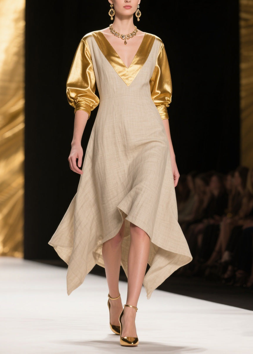 Deep V-Neck Metallic Puff Sleeve Woven A-Line Midi Dress