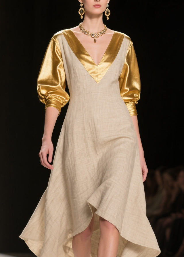 Deep V-Neck Metallic Puff Sleeve Woven A-Line Handkerchief Hem Summer Midi Dress