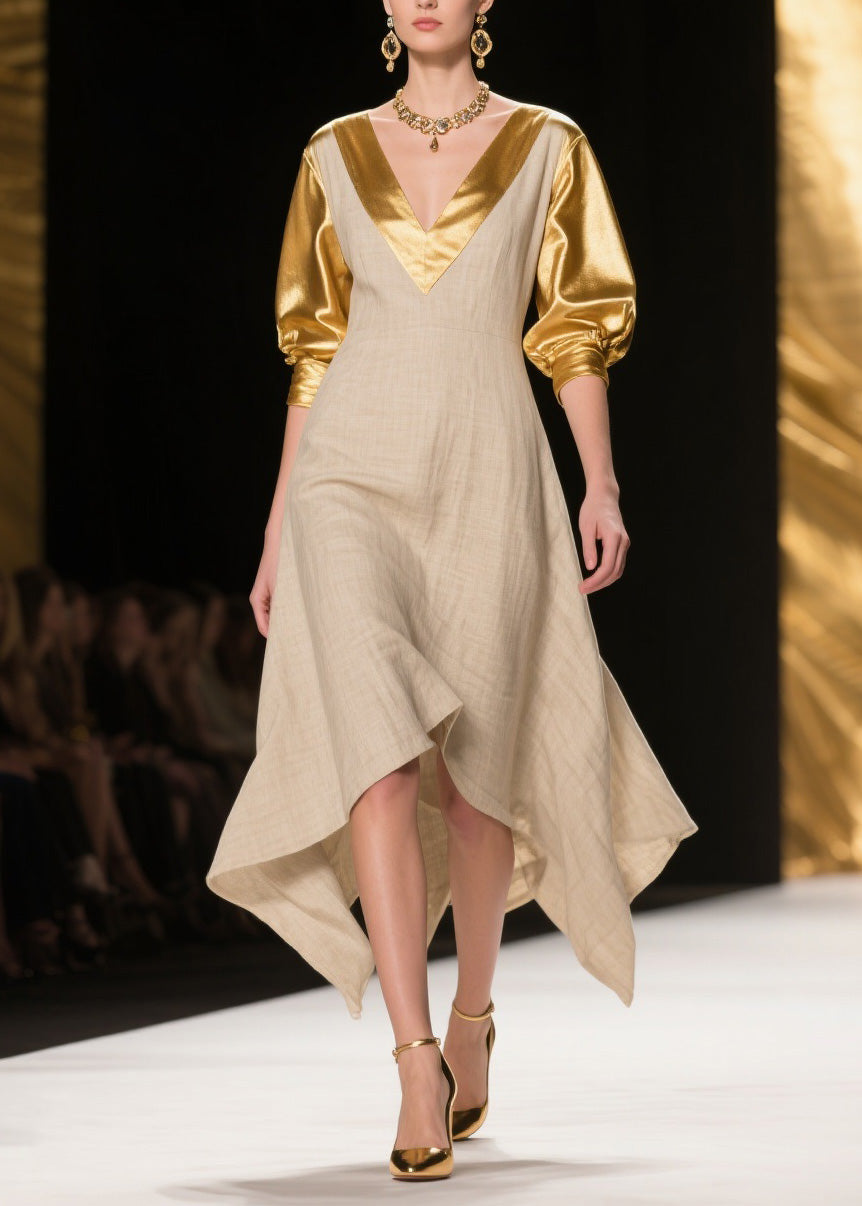 Deep V-Neck Metallic Puff Sleeve Woven A-Line Handkerchief Hem Summer Midi Dress