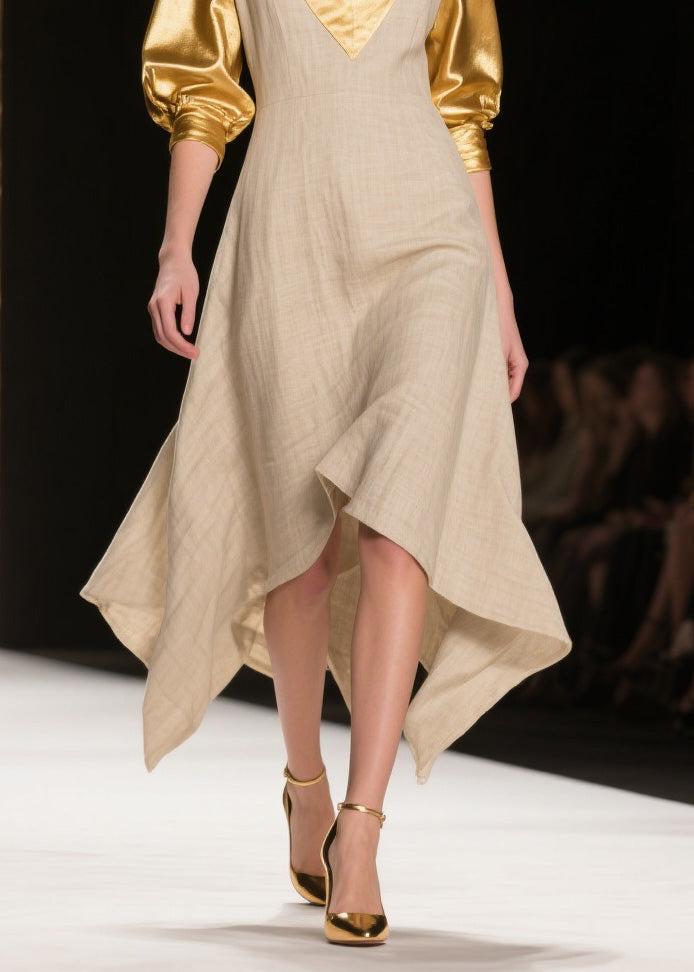 Deep V-Neck Metallic Puff Sleeve Woven A-Line Handkerchief Hem Summer Midi Dress