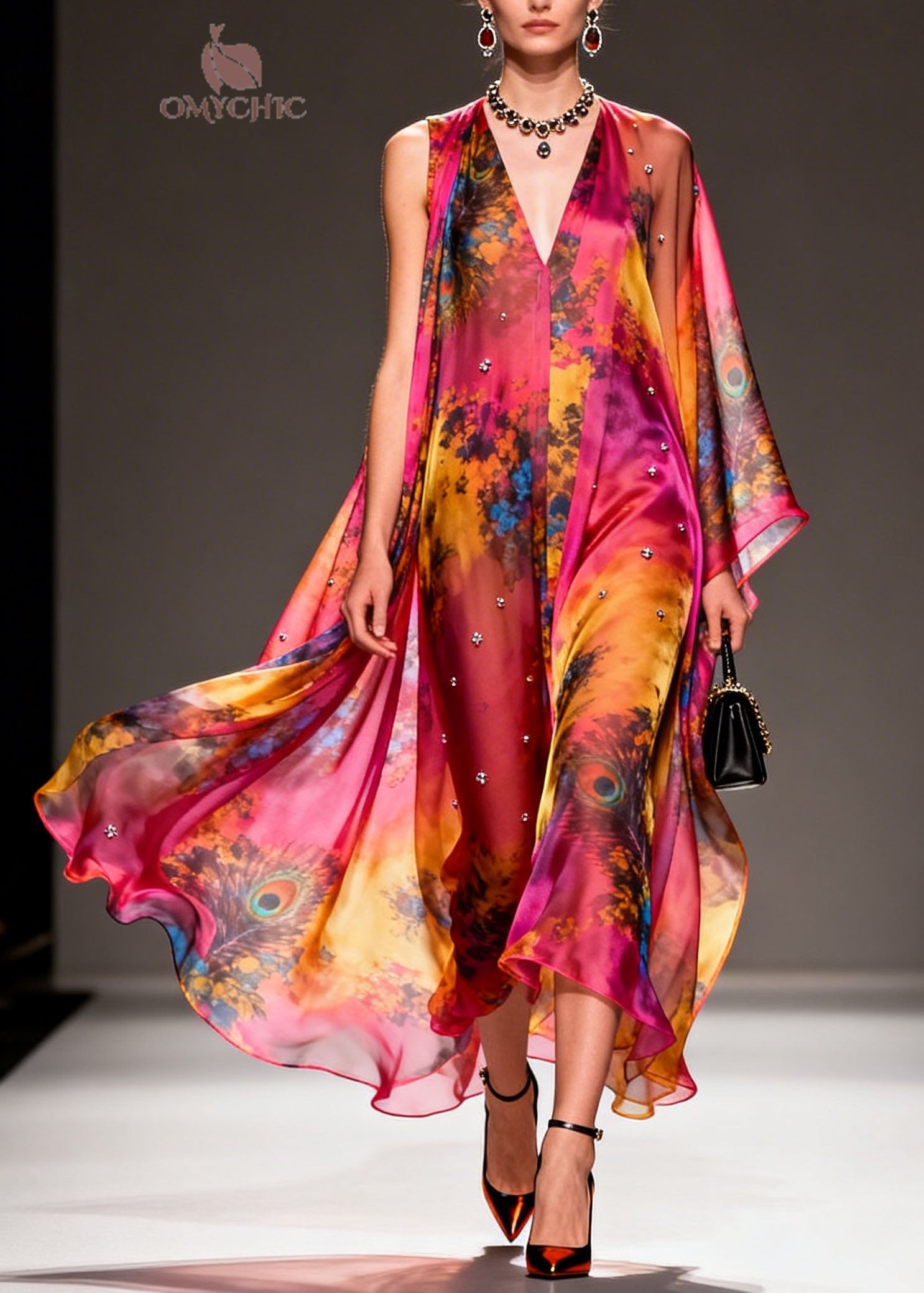Women V Neck Asymmetrical Design Print Chiffon Dress Summer