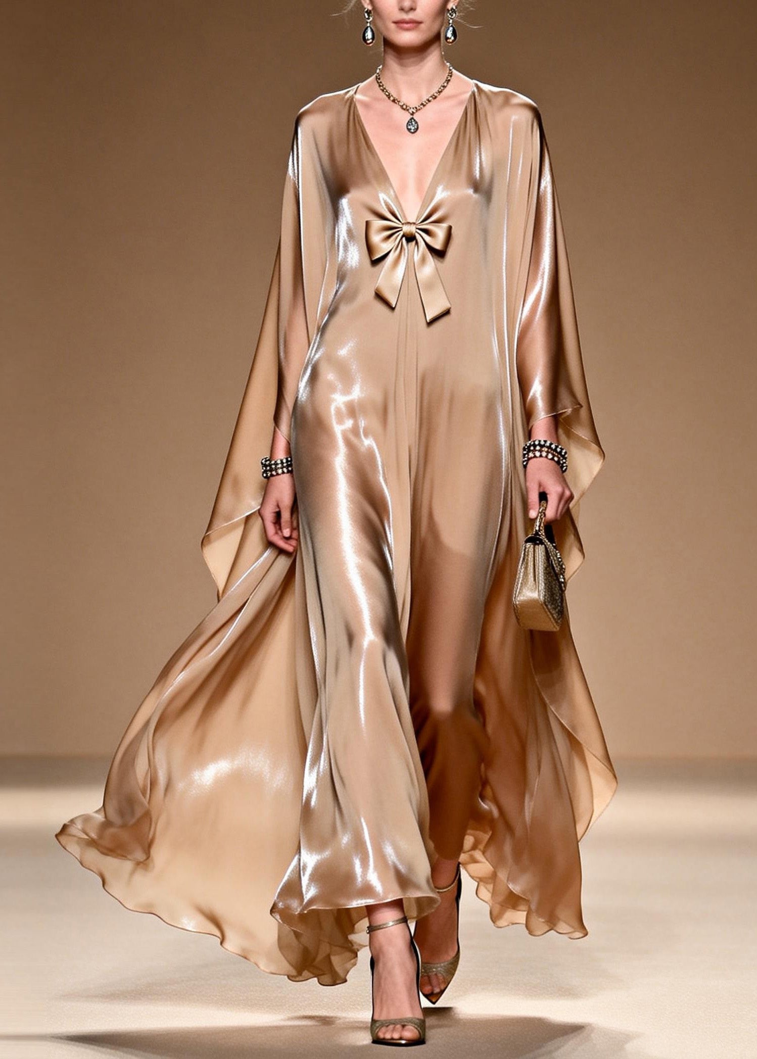 Satin Deep V-Neck Bow Trim Cape Sleeve Kaftan Maxi Gown