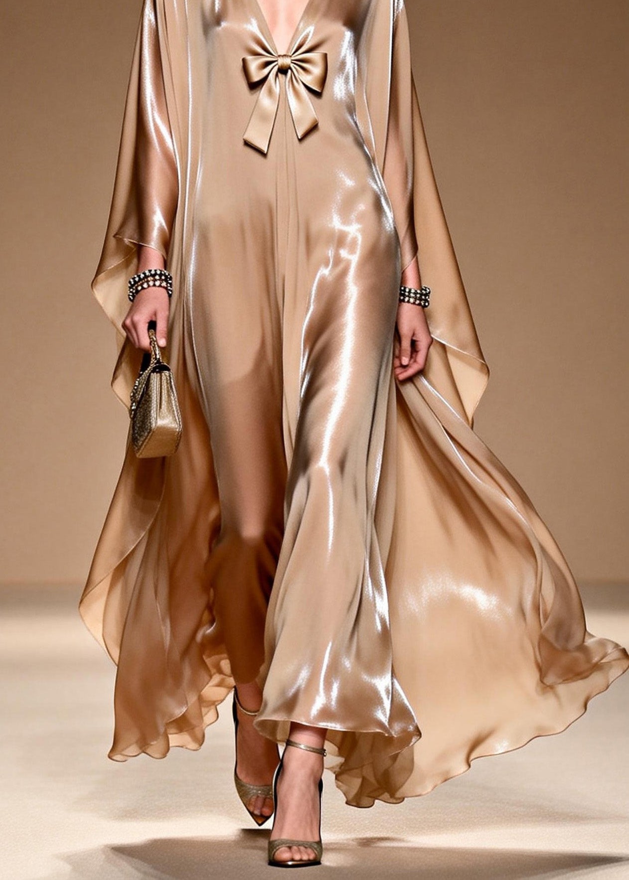 Satin Deep V-Neck Bow Trim Cape Sleeve Kaftan Maxi Gown