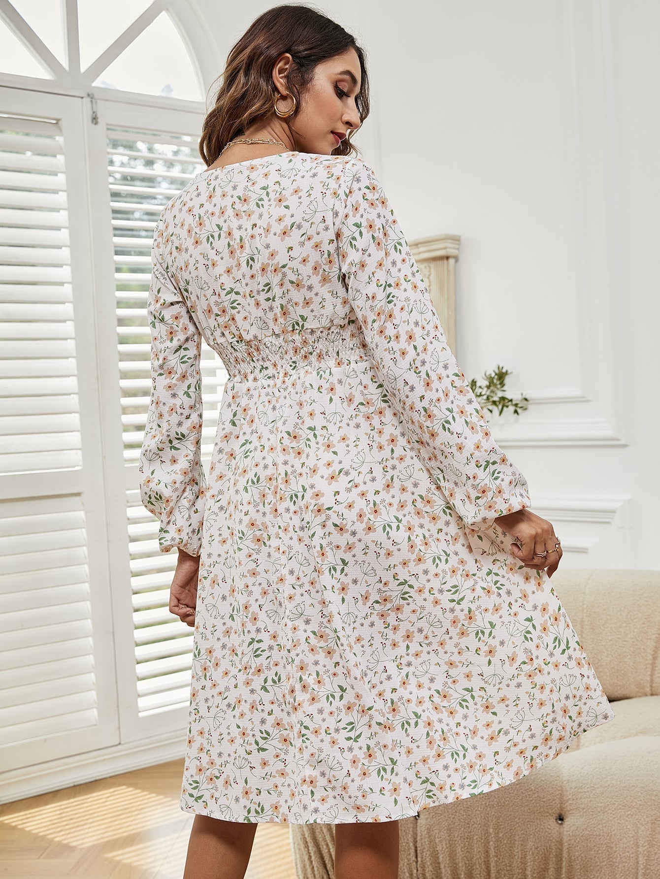 Women V Neck Elastic Waist Floral Print Long Sleeve Maxi Dress