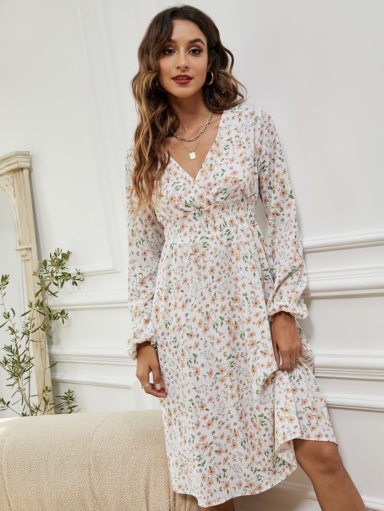 Women V Neck Elastic Waist Floral Print Long Sleeve Maxi Dress