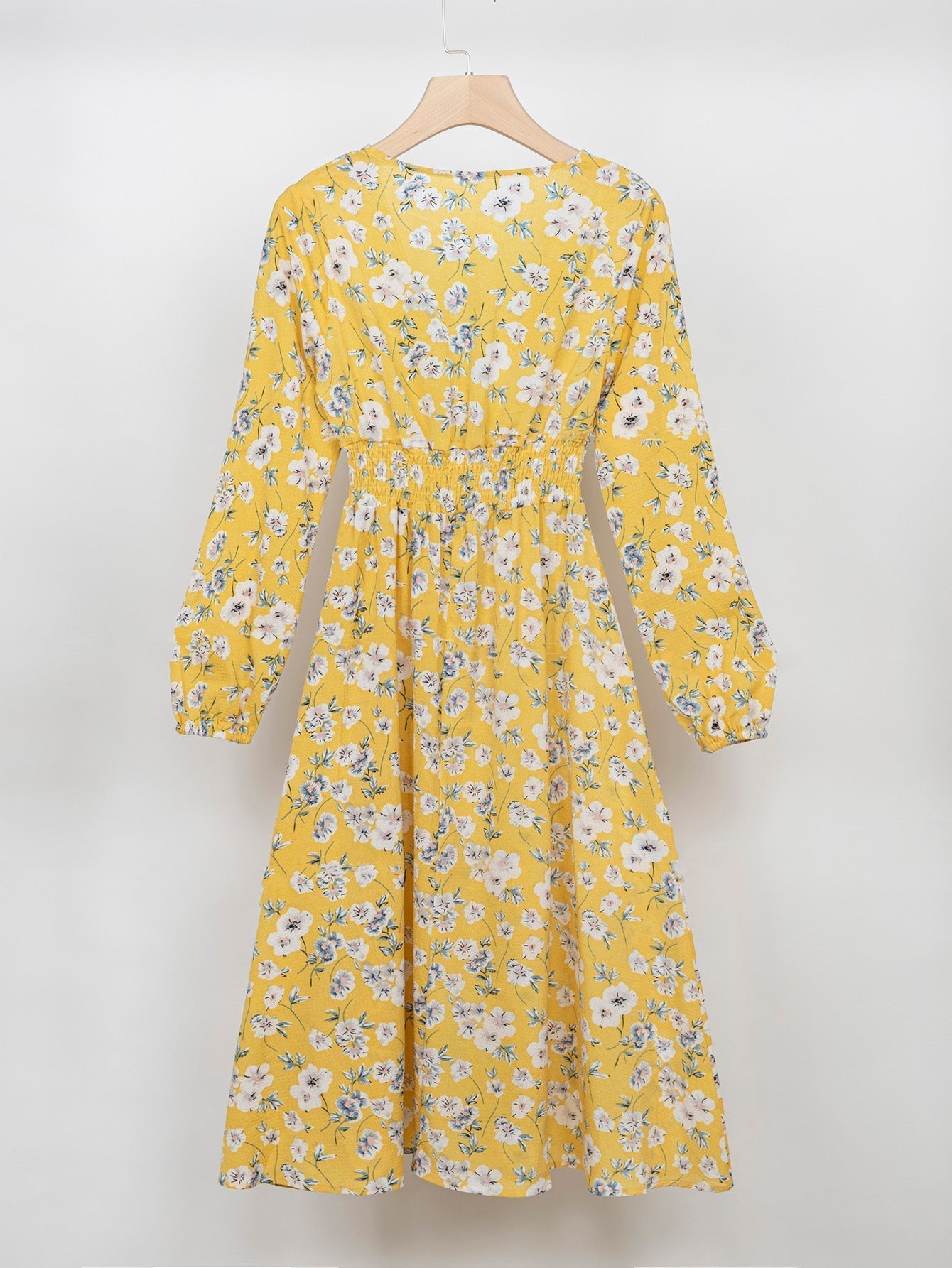 Women V Neck Elastic Waist Floral Print Long Sleeve Maxi Dress