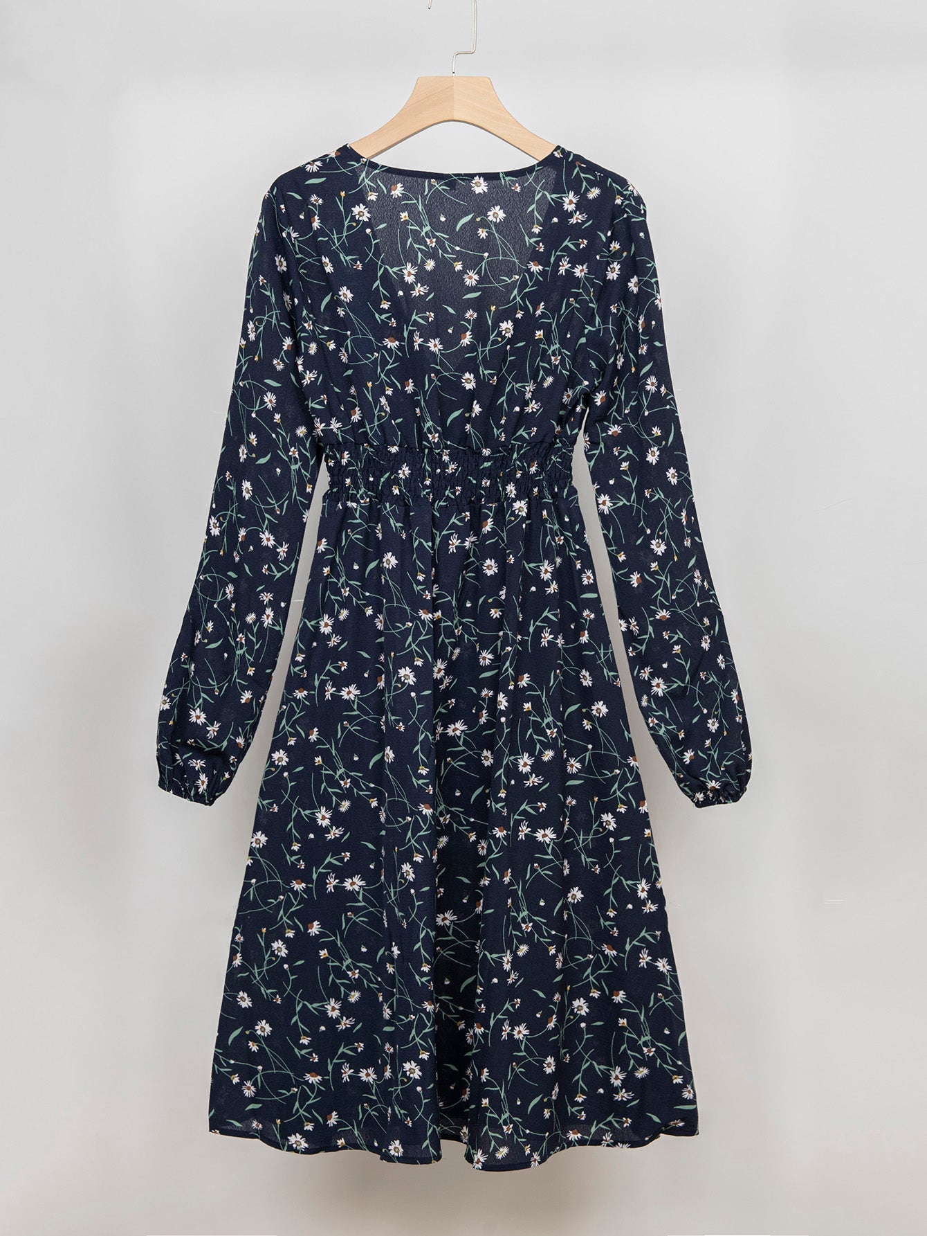 Women V Neck Elastic Waist Floral Print Long Sleeve Maxi Dress