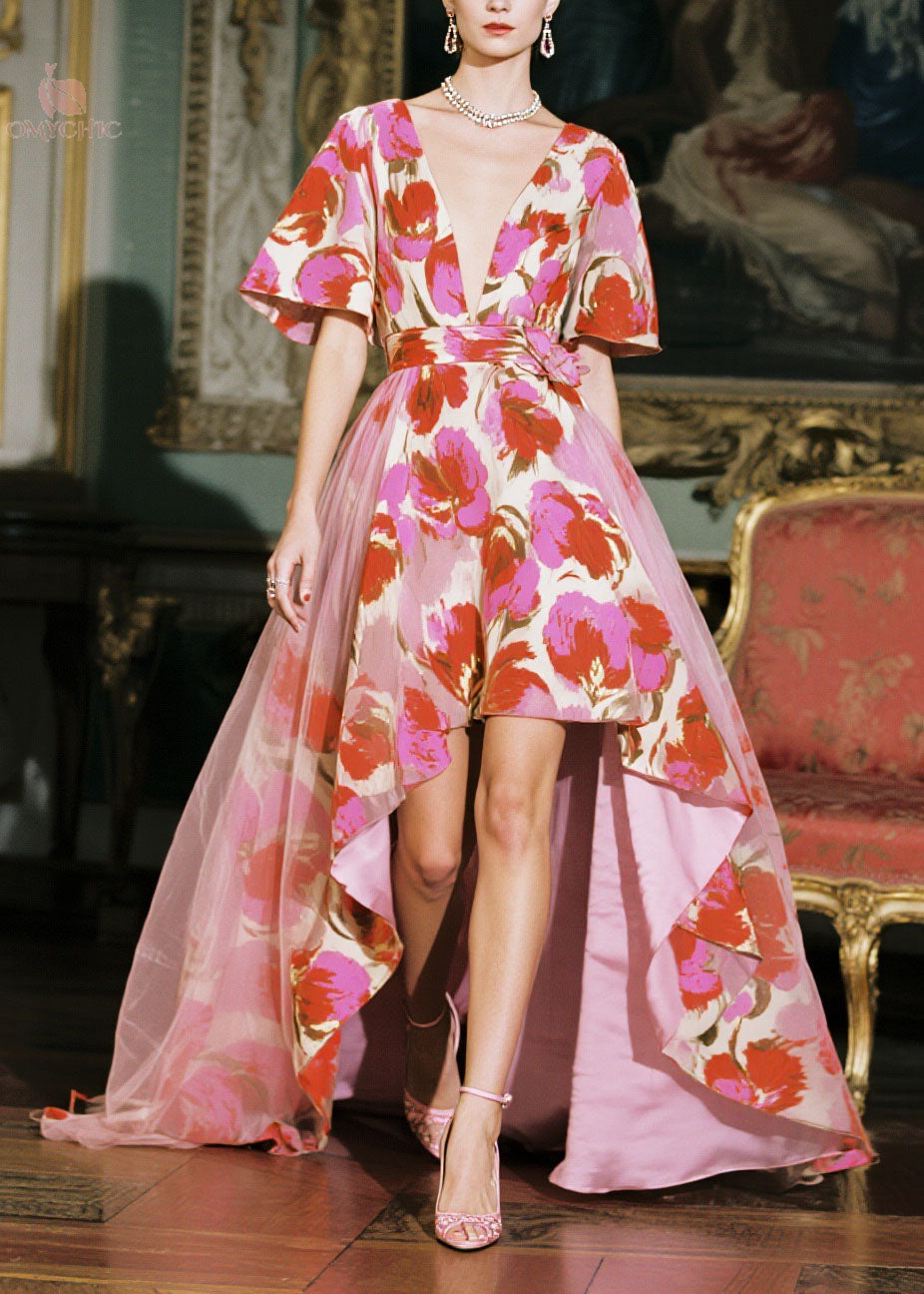 Floral Deep V-Neck Butterfly Sleeve Belted High Low Gown
