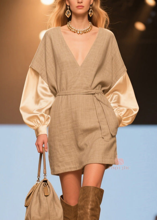 Wrap V-Neck Tie Waist Satin Balloon Sleeve Woven Mini Dress