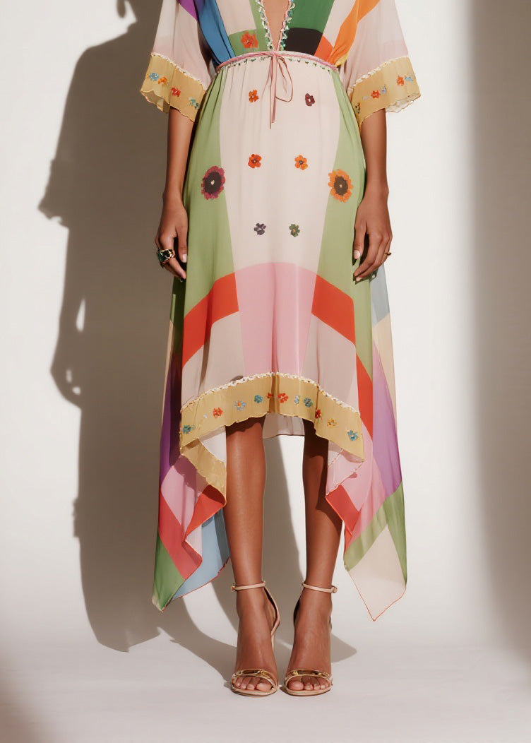 Chiffon Deep V-Neck Kimono Sleeve Floral Embroidered Tie Waist Handkerchief Hem Maxi Dress
