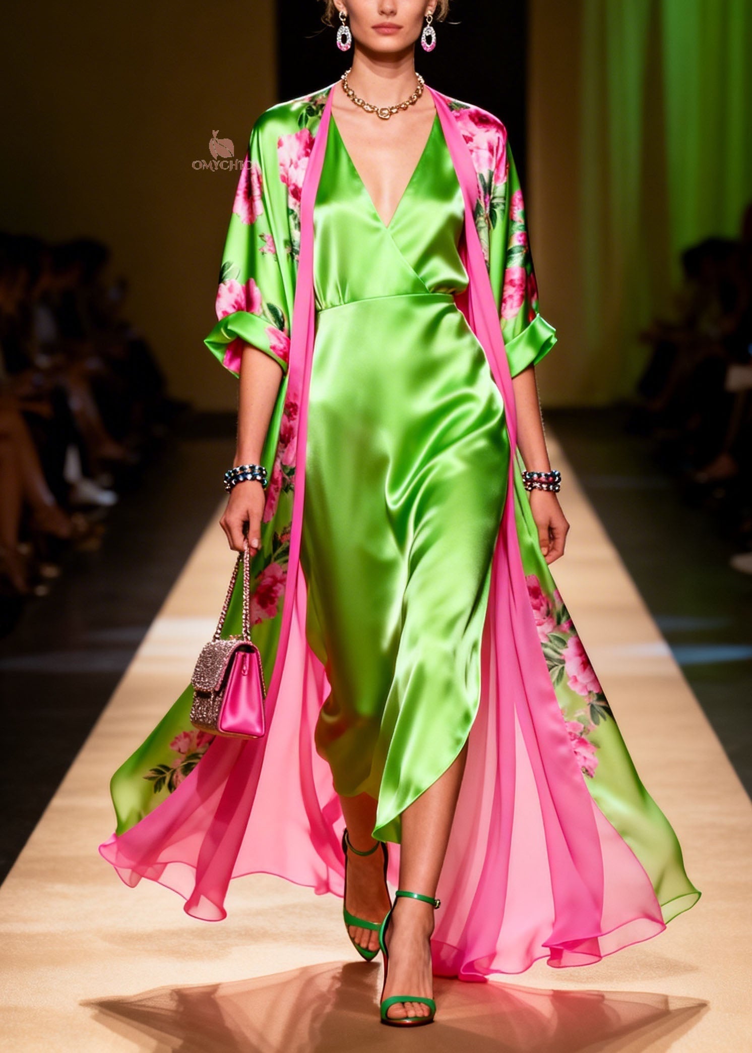 Deep V-Neck Wrap Midi Dress Floral Print Open Front Lined Robe Two-Piece Set