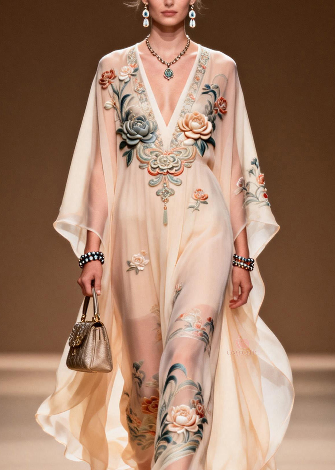 Floral Embroidered Butterfly Deep V-Neck Ruffled Hem Sheer Chiffon Kaftan Maxi Dress