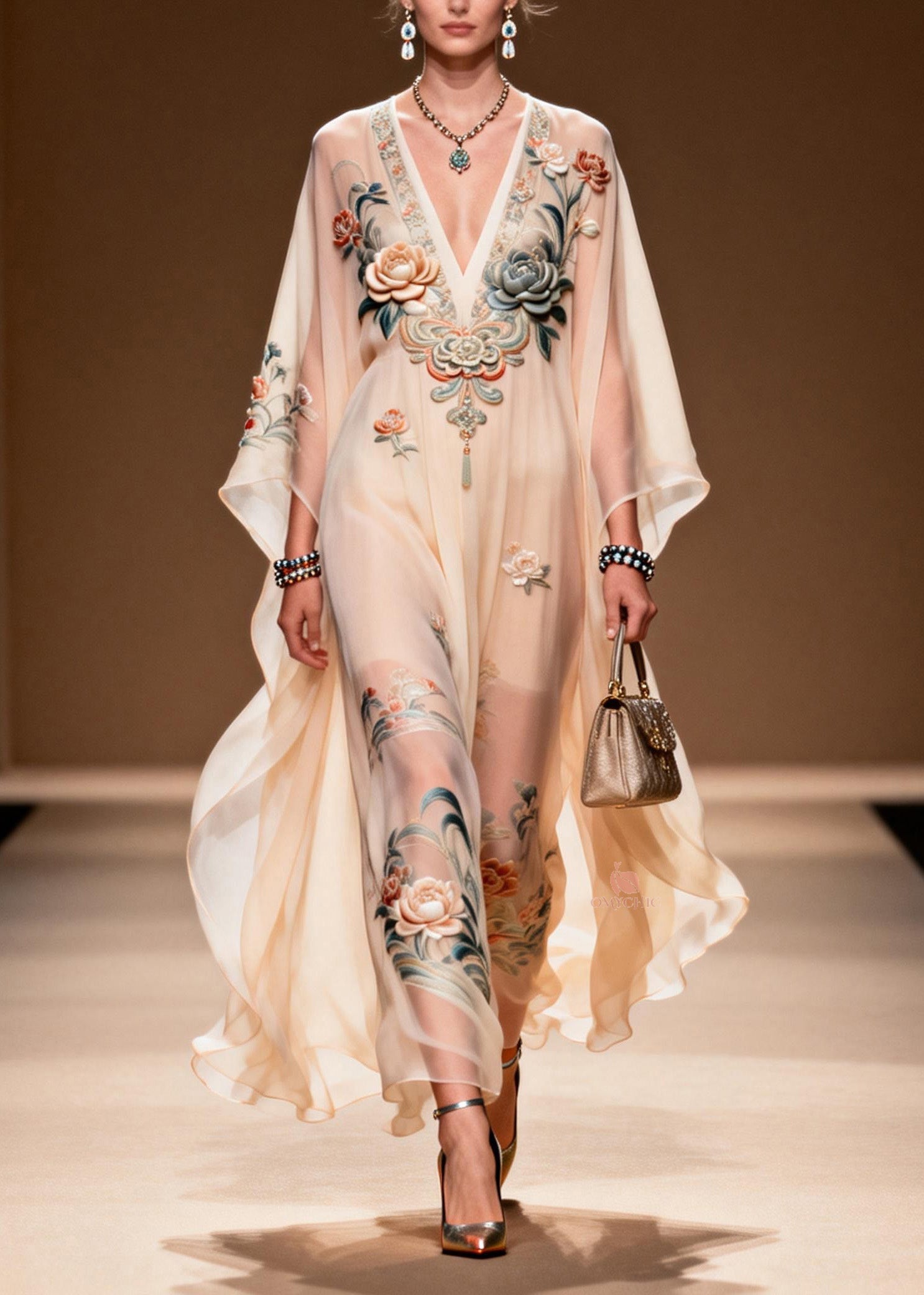 Floral Embroidered Butterfly Deep V-Neck Ruffled Hem Sheer Chiffon Kaftan Maxi Dress