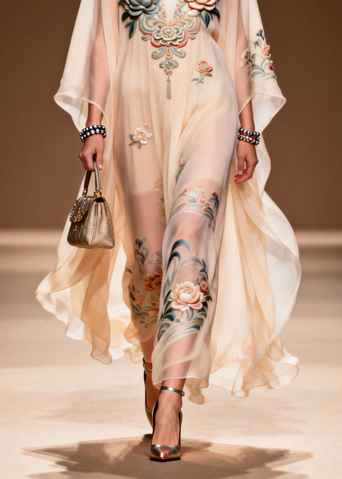 Floral Embroidered Butterfly Deep V-Neck Ruffled Hem Sheer Chiffon Kaftan Maxi Dress