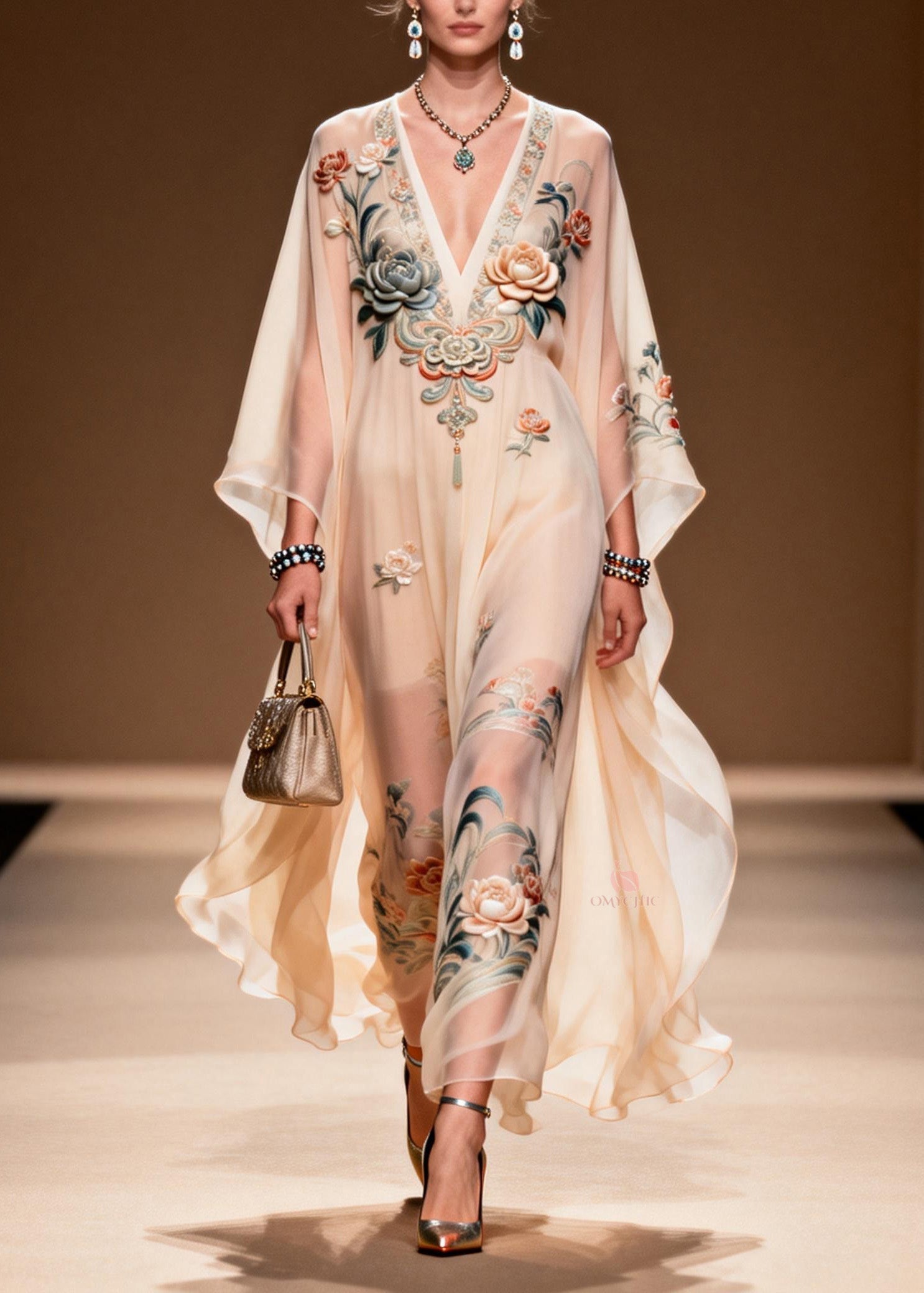 Floral Embroidered Butterfly Deep V-Neck Ruffled Hem Sheer Chiffon Kaftan Maxi Dress