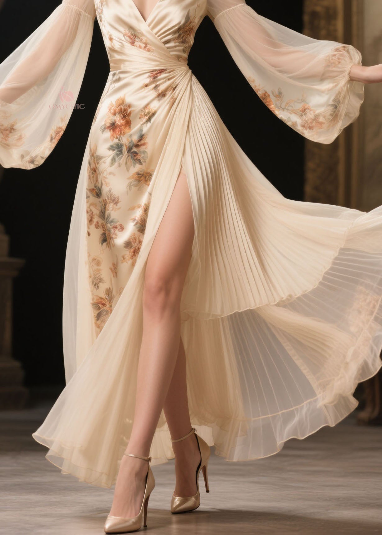 Women V Neck Print Chiffon Patchwork Silk Maxi Dresses Spring - View 4