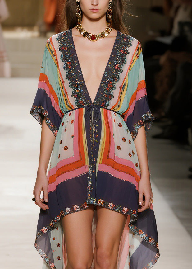 Embroidered Deep V-Neck Flutter Sleeve Drawstring High Low Mini Dress - View 2