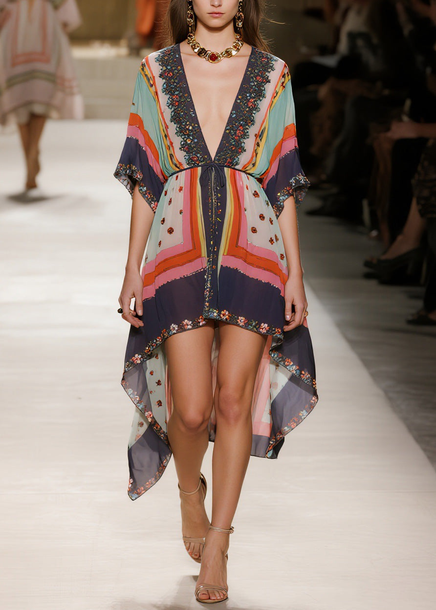 Embroidered Deep V-Neck Flutter Sleeve Drawstring High Low Mini Dress