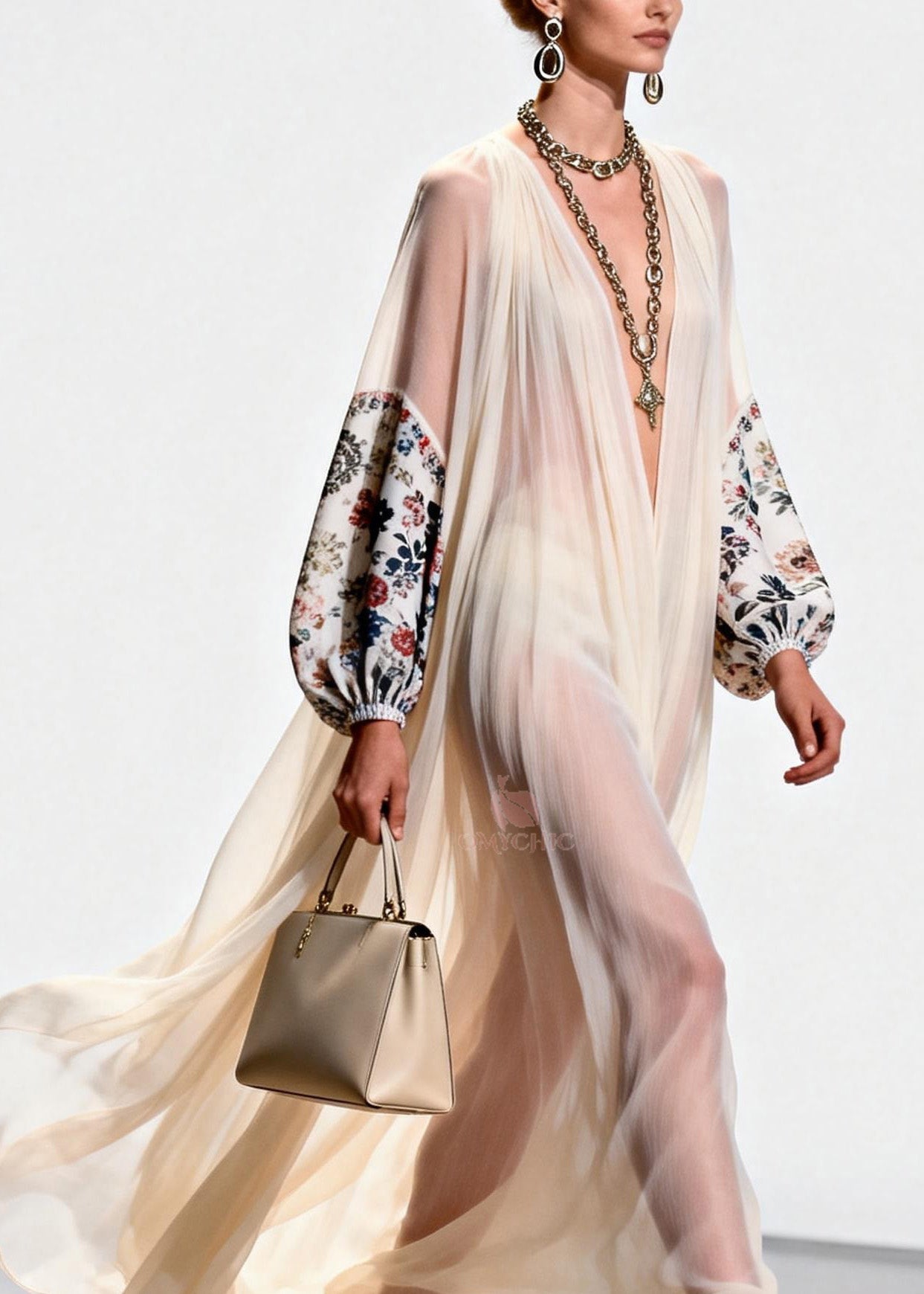Floral Print Deep V-Neck Balloon Sleeve Sheer Pleated Chiffon Maxi Gown