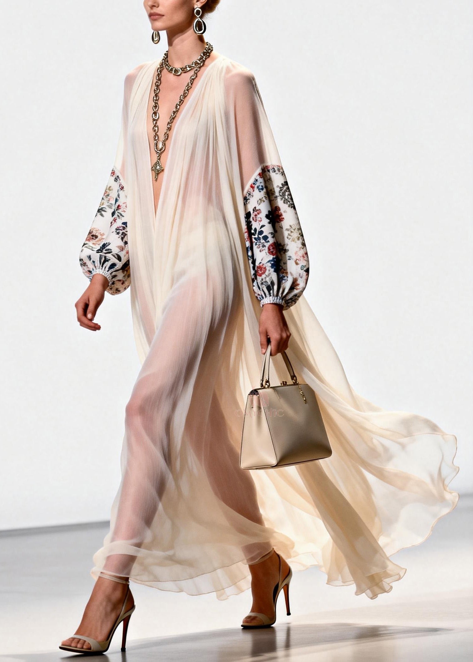 Floral Print Deep V-Neck Balloon Sleeve Sheer Pleated Chiffon Maxi Gown