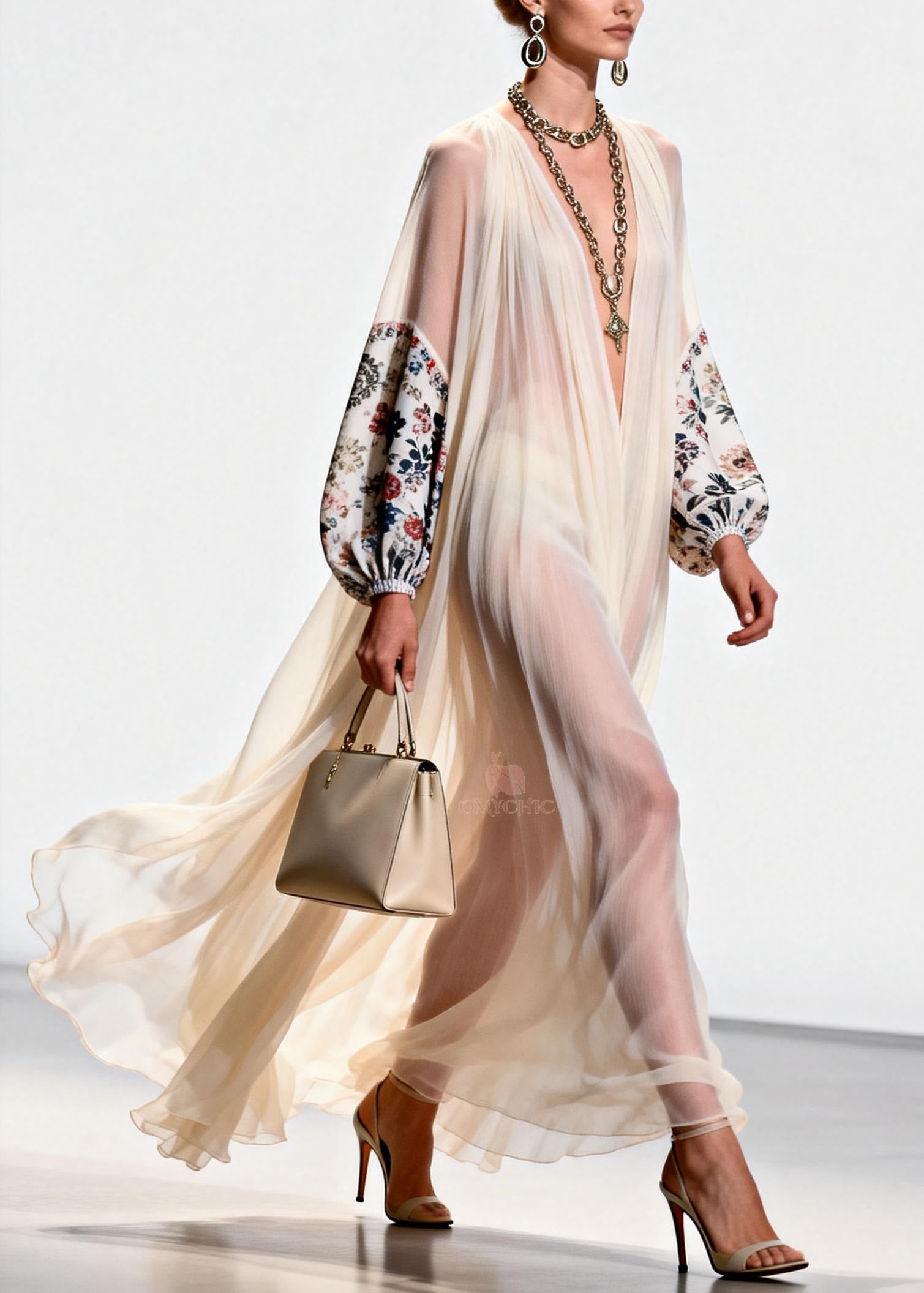 Floral Print Deep V-Neck Balloon Sleeve Sheer Pleated Chiffon Maxi Gown