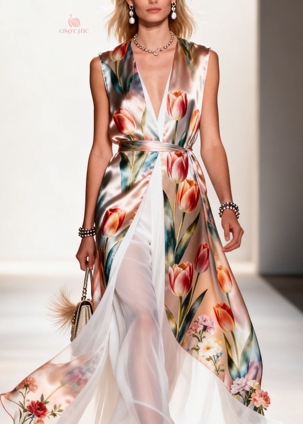 Chiffon Floral Print Deep V-Neck Sleeveless Belted Faux Two-Piece Wide Leg Maxi Dress