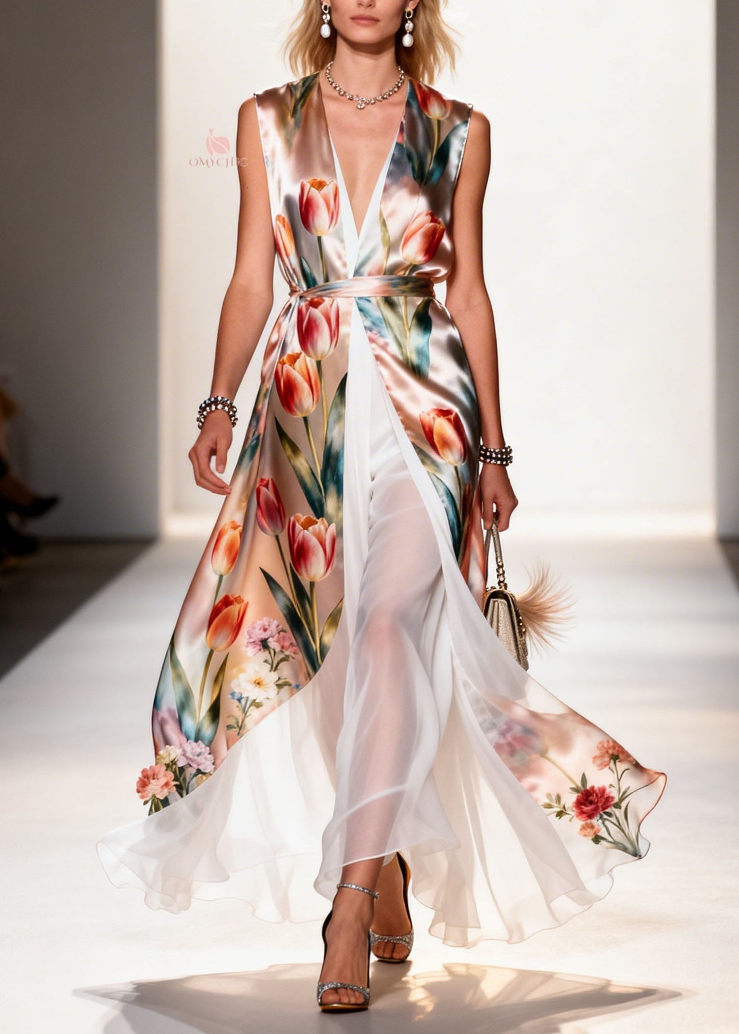 Chiffon Floral Print Deep V-Neck Sleeveless Belted Faux Two-Piece Wide Leg Maxi Dress