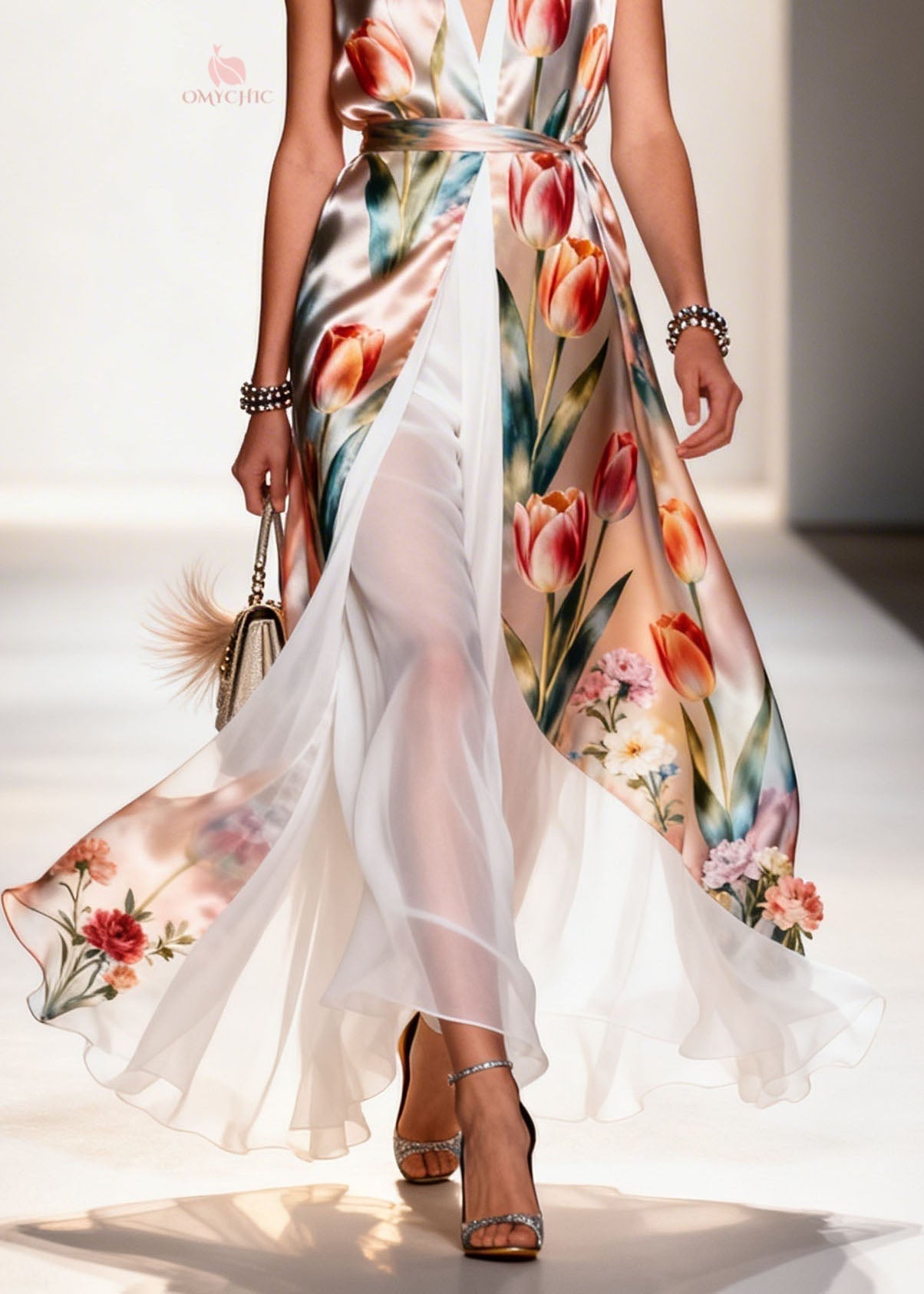Chiffon Floral Print Deep V-Neck Sleeveless Belted Faux Two-Piece Wide Leg Maxi Dress
