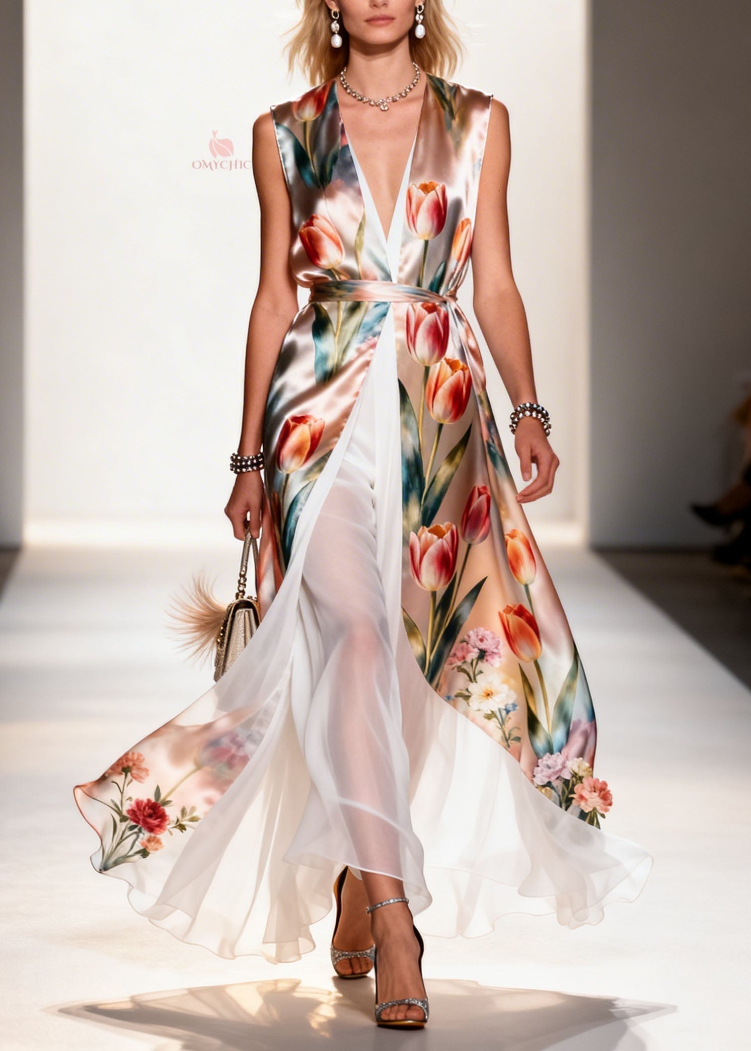 Chiffon Floral Print Deep V-Neck Sleeveless Belted Faux Two-Piece Wide Leg Maxi Dress
