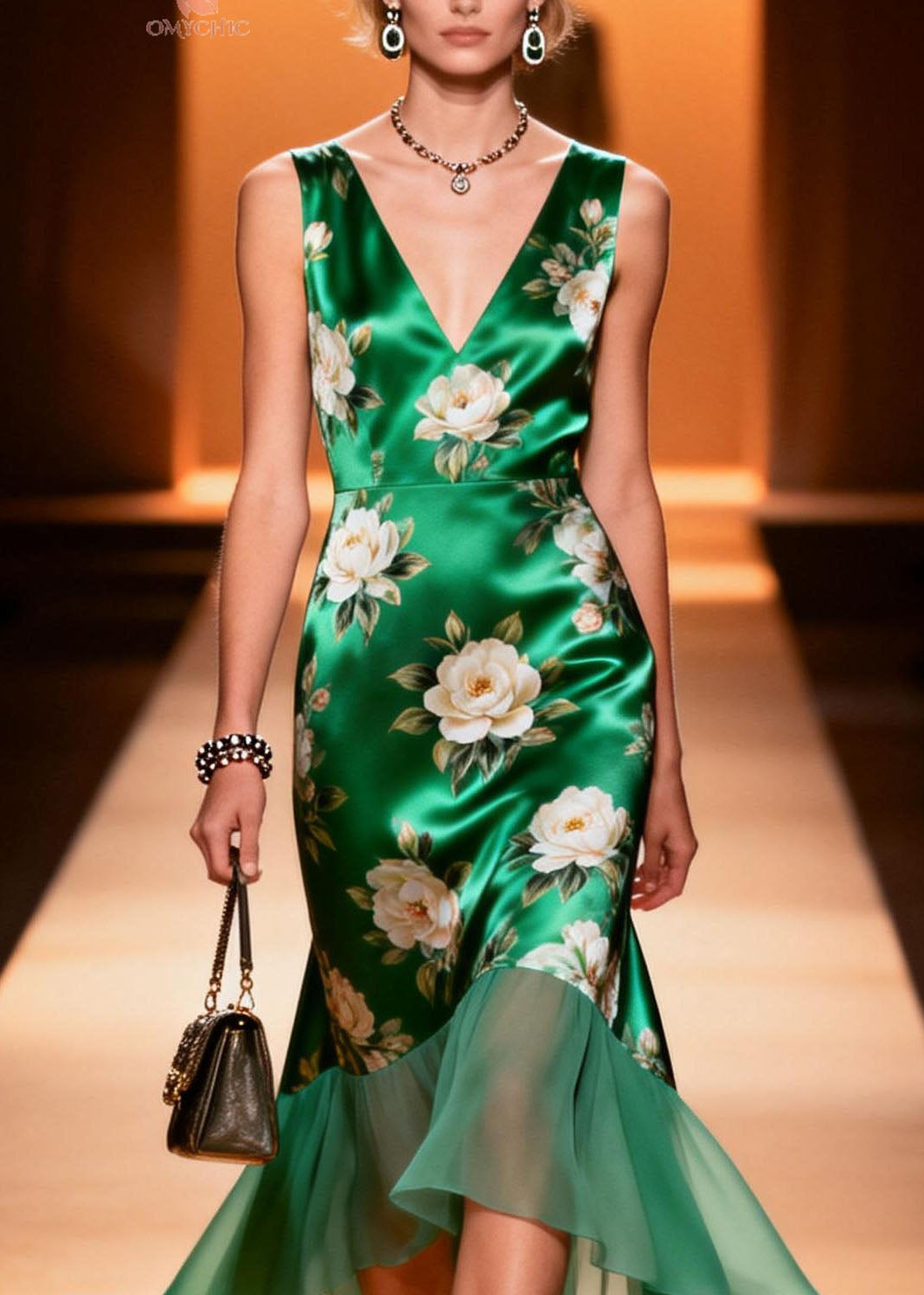 Satin Floral Print V-Neck Sleeveless Ruffle High Low Hem Midi Dress