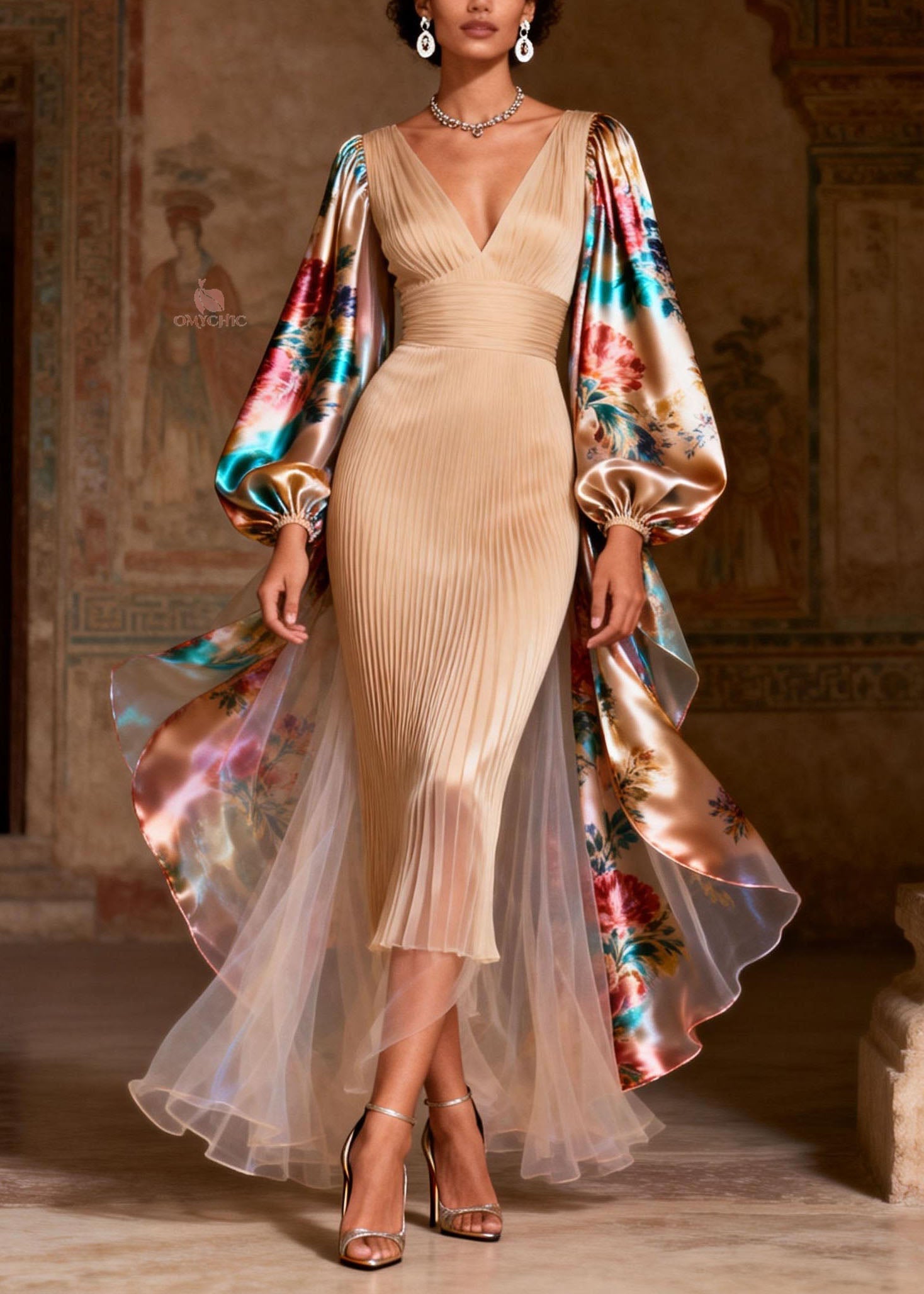 Women V Neck Print Patchwork Silk Long Dress Spring
