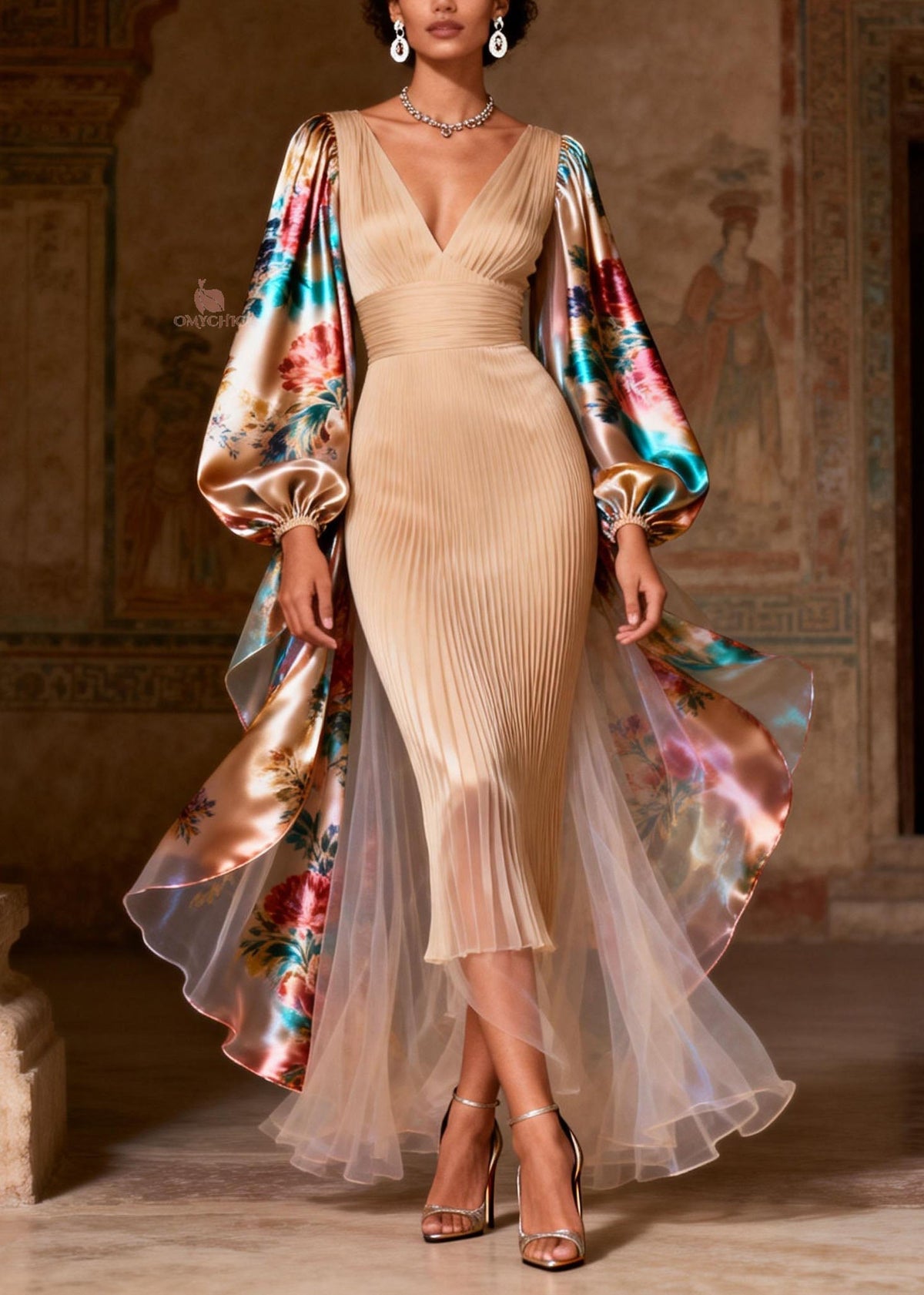 V-Neck Accordion Pleat Floral Puff Sleeve Sheer Cape Train Midi Dress - View 5