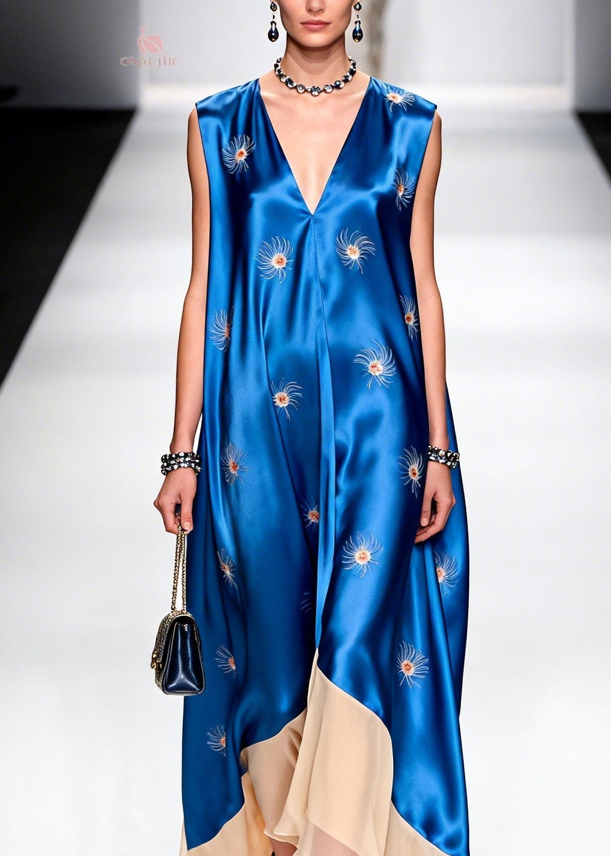 Satin Starburst Print Deep V-Neck Sleeveless Asymmetric Ruffle Hem Maxi Gown
