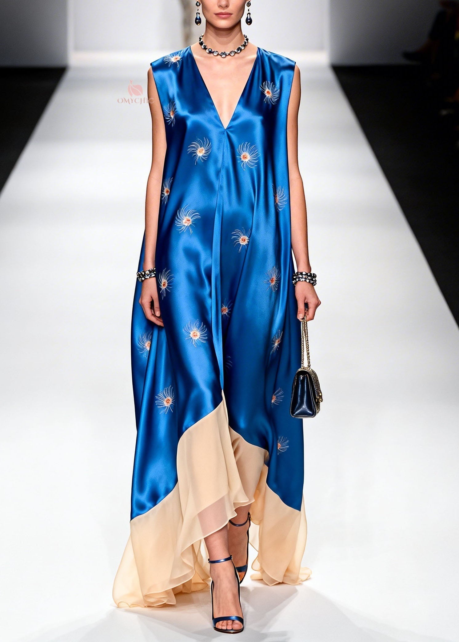 Satin Starburst Print Deep V-Neck Sleeveless Asymmetric Ruffle Hem Maxi Gown