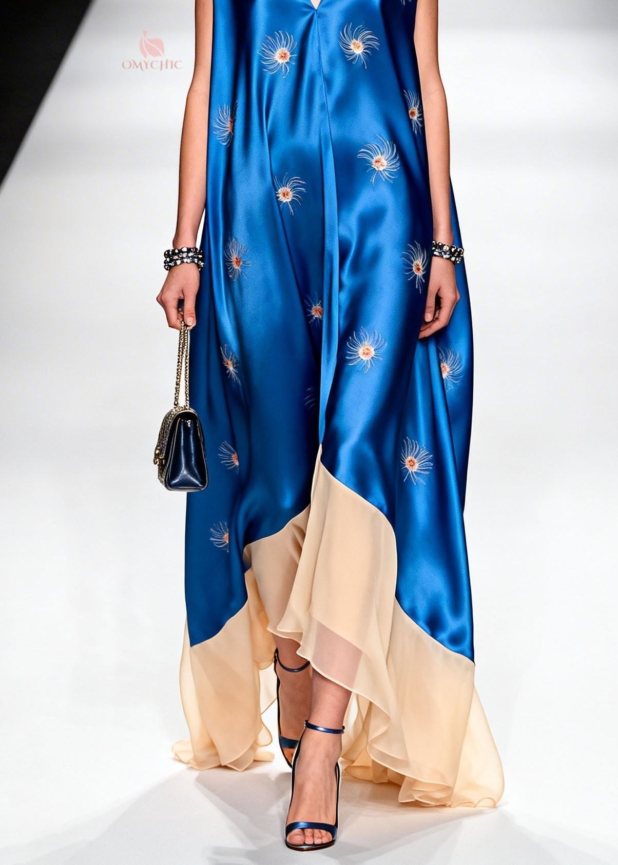 Satin Starburst Print Deep V-Neck Sleeveless Asymmetric Ruffle Hem Maxi Gown