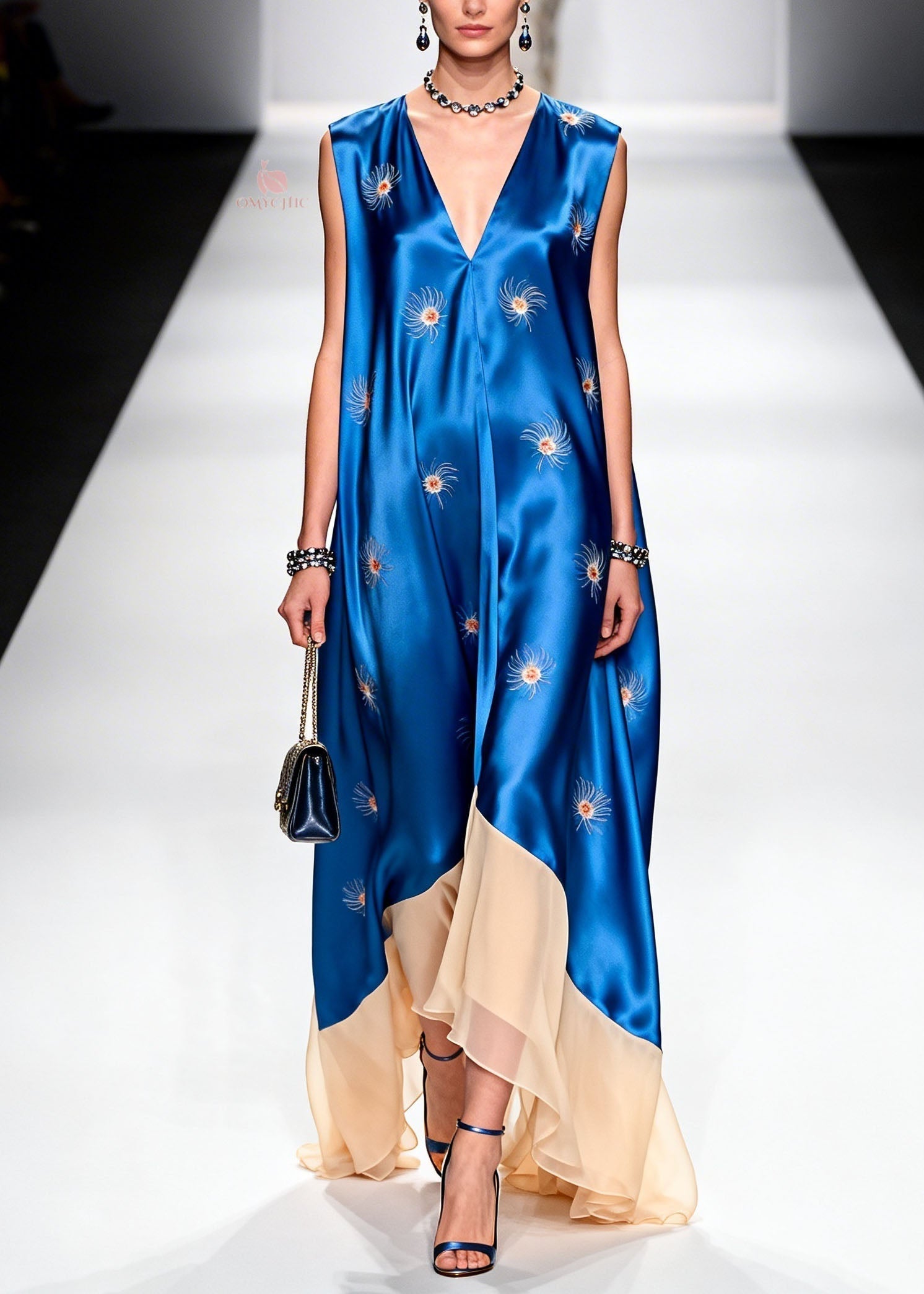 Satin Starburst Print Deep V-Neck Sleeveless Asymmetric Ruffle Hem Maxi Gown