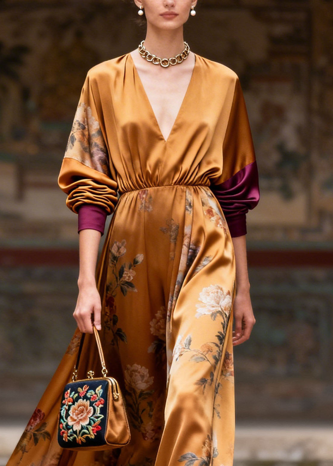 Satin Floral Deep V-Neck Lantern Sleeve Contrast Cuff Wide Leg Jumpsuit