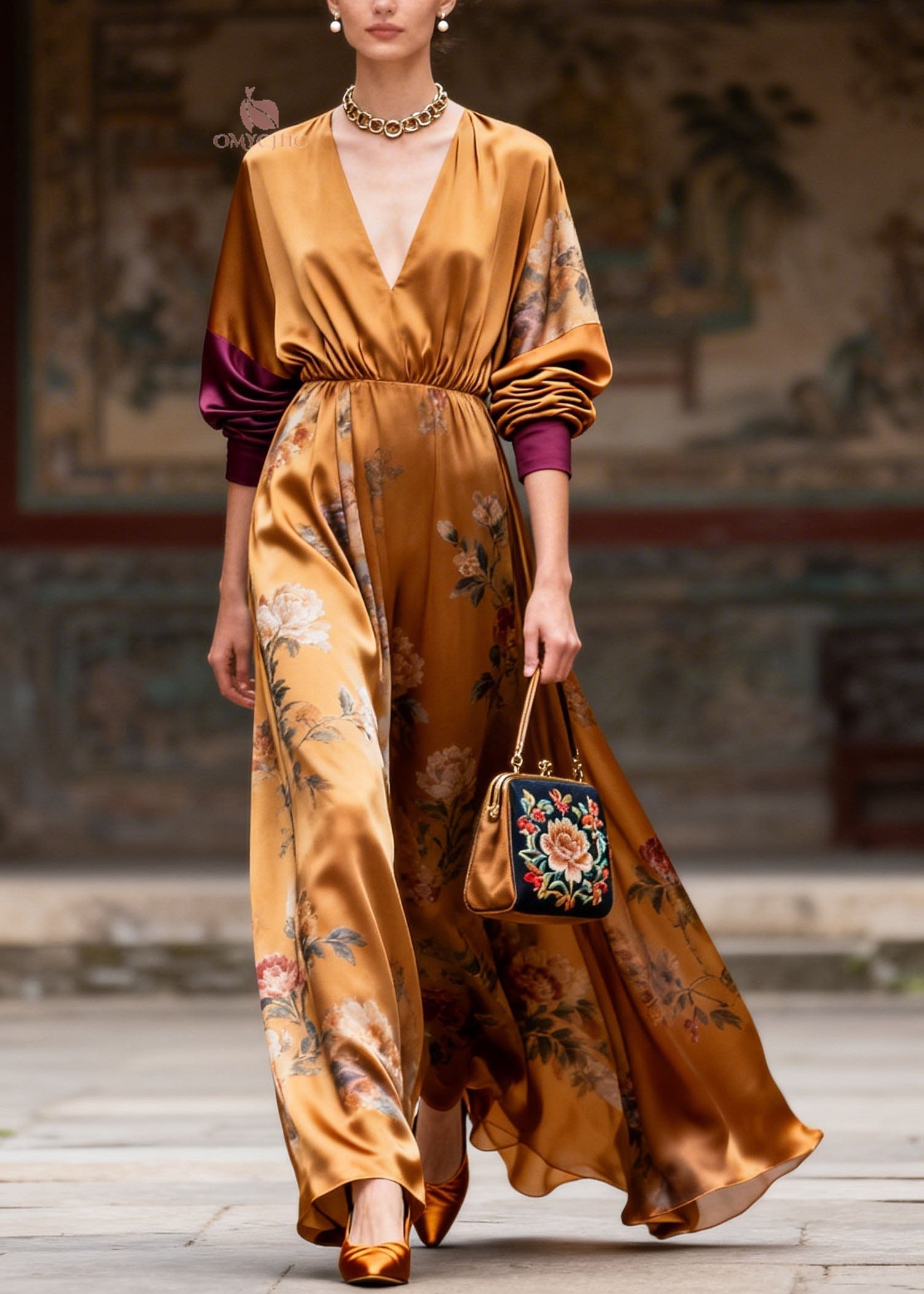 Satin Floral Deep V-Neck Lantern Sleeve Contrast Cuff Wide Leg Jumpsuit