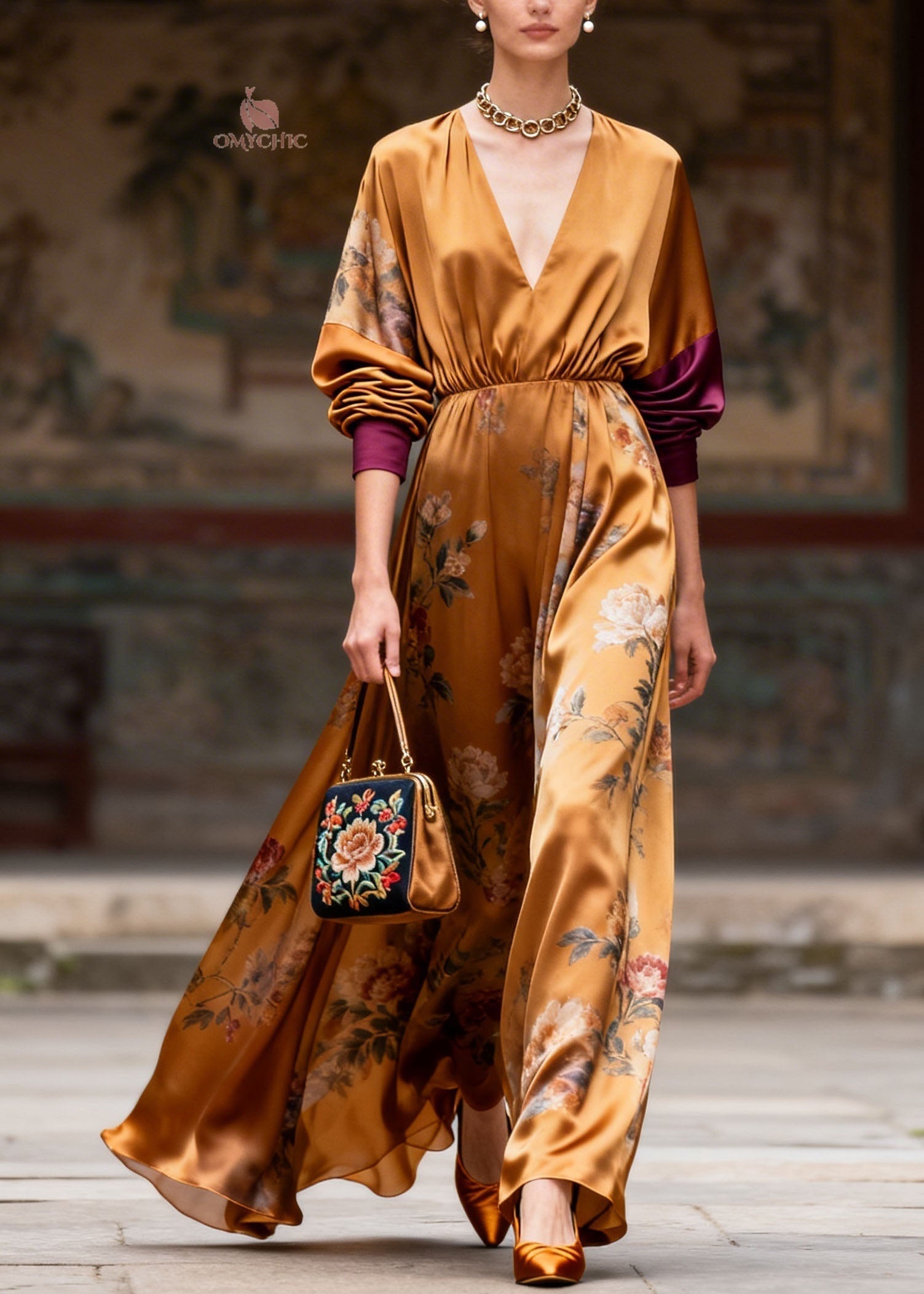 Satin Floral Deep V-Neck Lantern Sleeve Contrast Cuff Wide Leg Jumpsuit