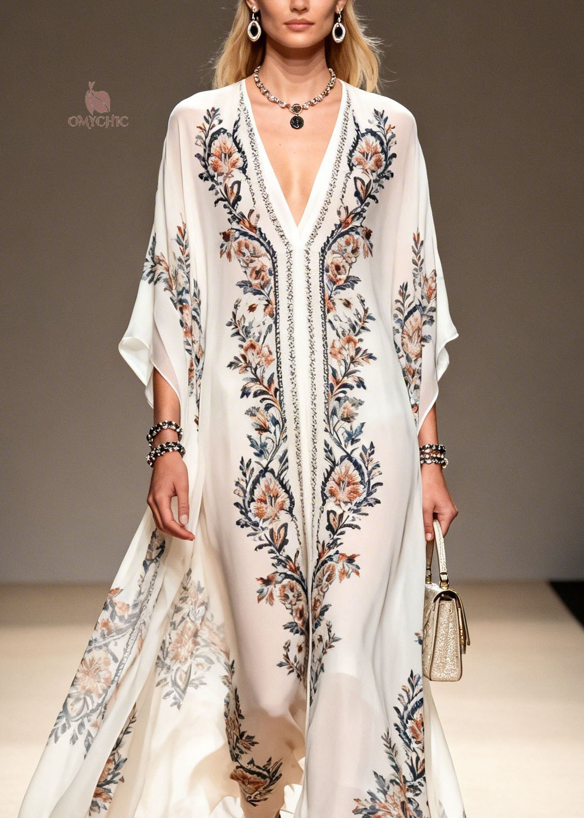 Chiffon V-Neck Kimono Sleeve Floral Print Wide Leg Kaftan Jumpsuit