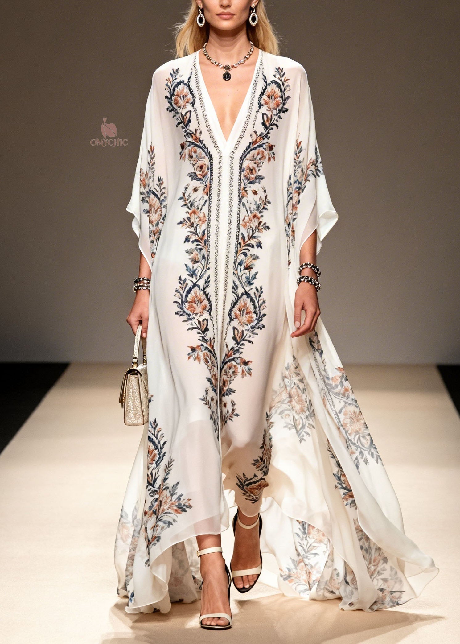 Chiffon V-Neck Kimono Sleeve Floral Print Wide Leg Kaftan Jumpsuit