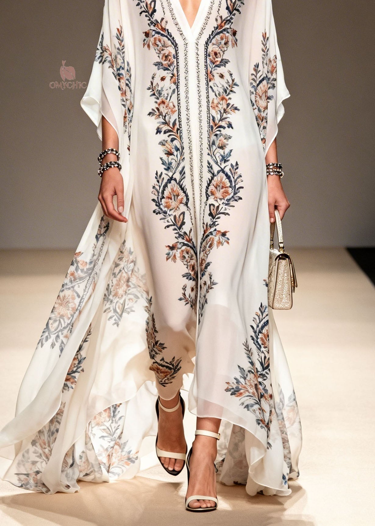 Chiffon V-Neck Kimono Sleeve Floral Print Wide Leg Kaftan Jumpsuit