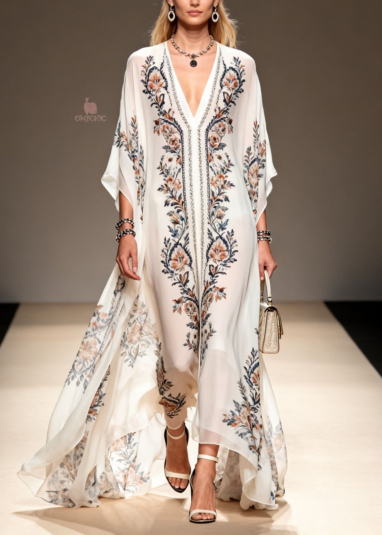 Chiffon V-Neck Kimono Sleeve Floral Print Wide Leg Kaftan Jumpsuit
