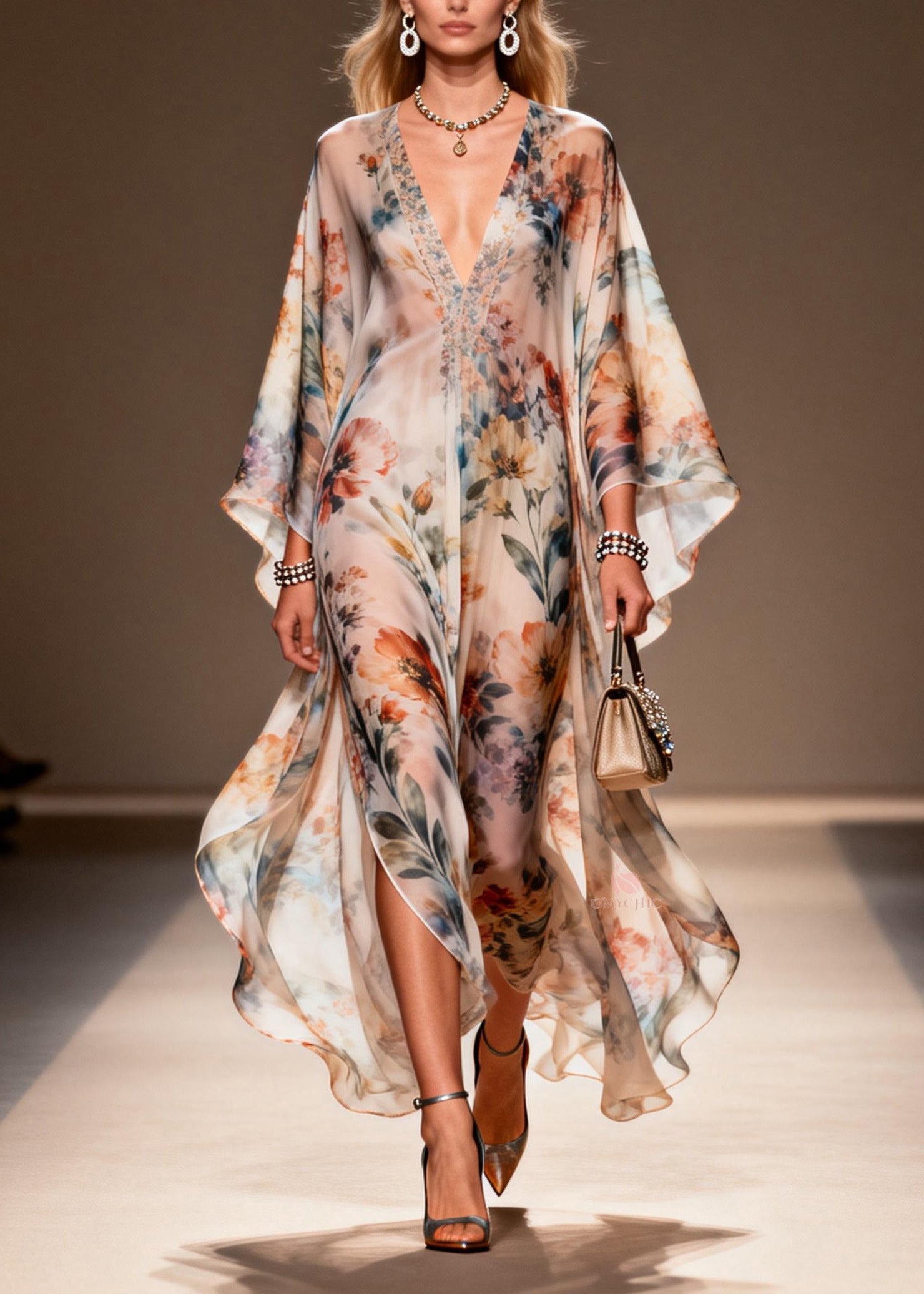 Floral Print Deep V-Neck Butterfly Sleeve Sheer Chiffon Kaftan Maxi Dress