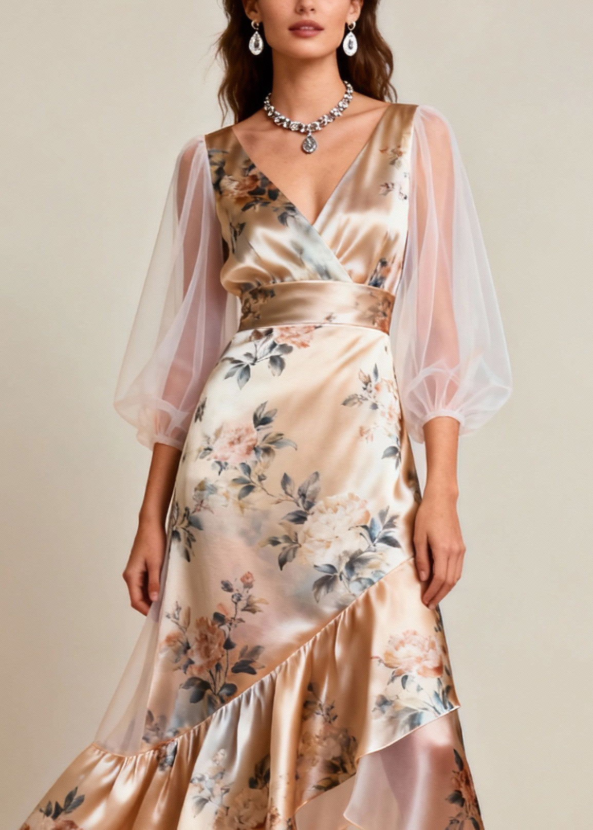 Floral Print V-Neck Mesh Bishop Sleeve High Low Ruffle Midi Dress