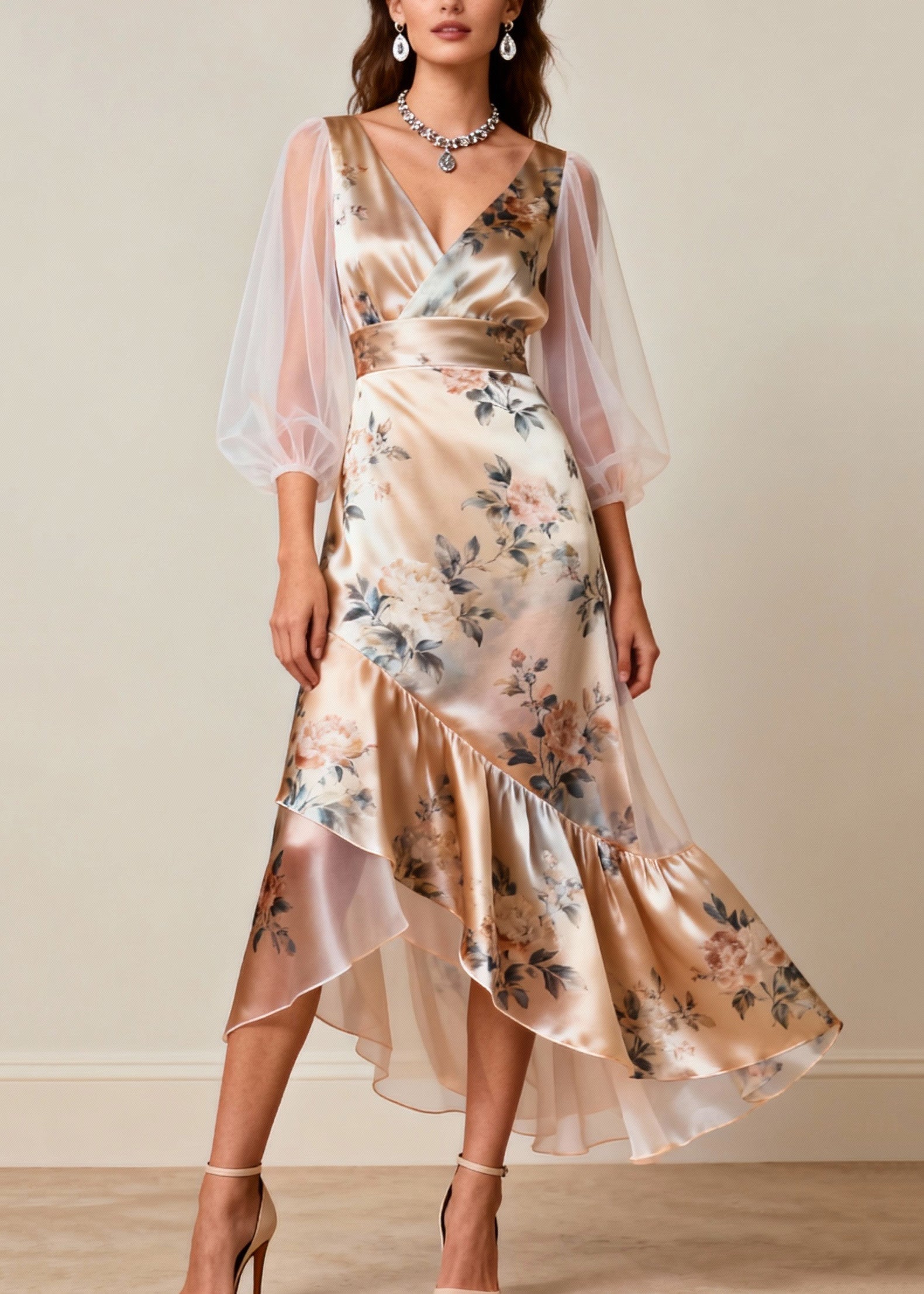 Floral Print V-Neck Mesh Bishop Sleeve High Low Ruffle Midi Dress