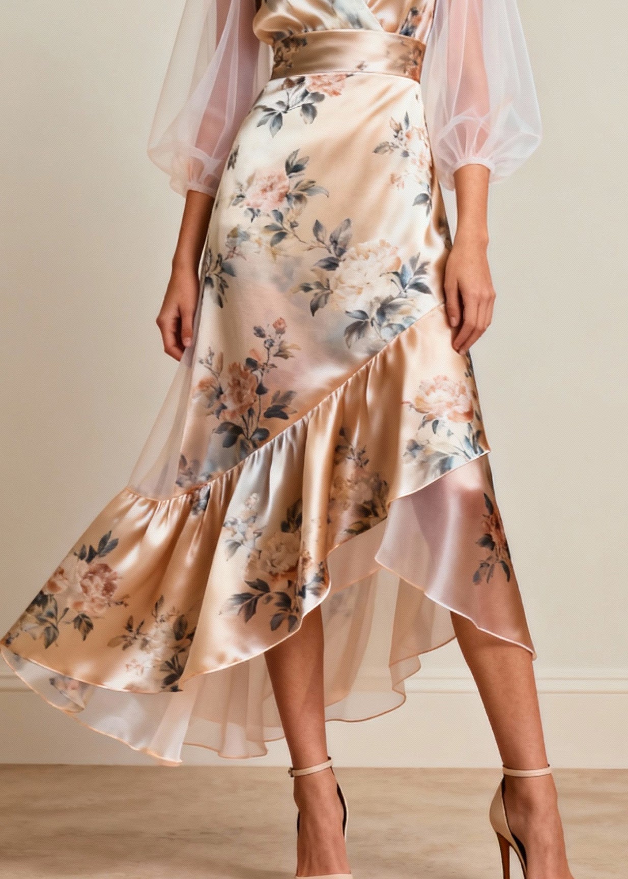Floral Print V-Neck Mesh Bishop Sleeve High Low Ruffle Midi Dress