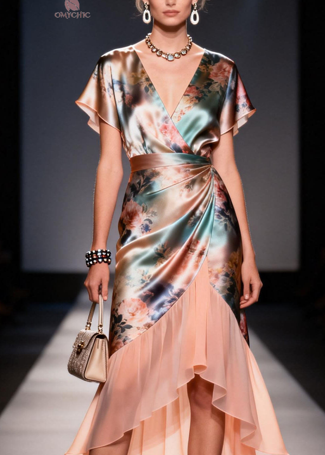 Floral Rose Print Wrap V-Neck Flutter Sleeve Draped Waist High Low Ruffle Midi Dress