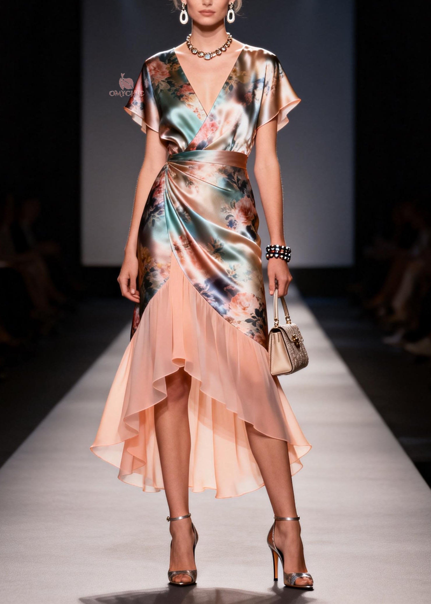 Floral Rose Print Wrap V-Neck Flutter Sleeve Draped Waist High Low Ruffle Midi Dress